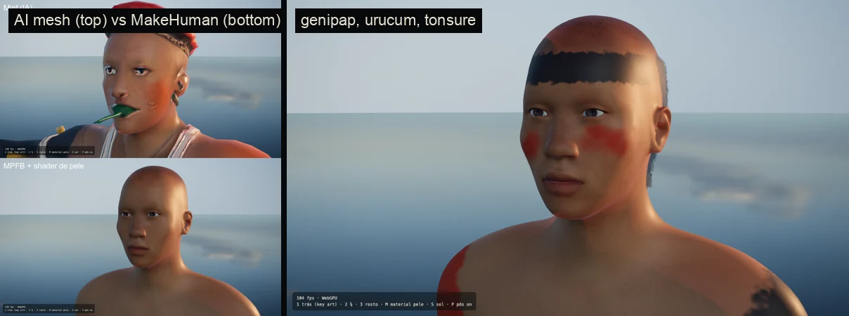 An AI-generated face next to a MakeHuman face, and the MakeHuman face with genipap, urucum and tonsure